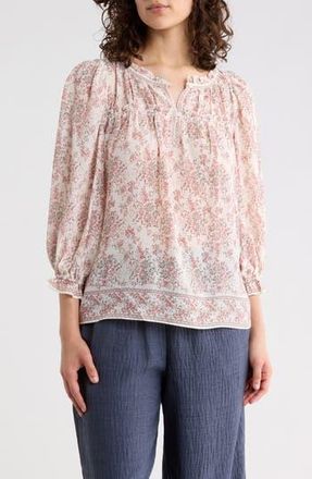 Max Studio Floral Three-Quarter Bubble Sleeve Top in Cream/Red Rosette Toile at Nordstrom Rack, Size X-Small