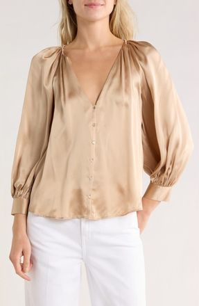 L'agence Kaili Balloon Sleeve Silk Button-Up Shirt in Almond at Nordstrom Rack, Size Xx-Large