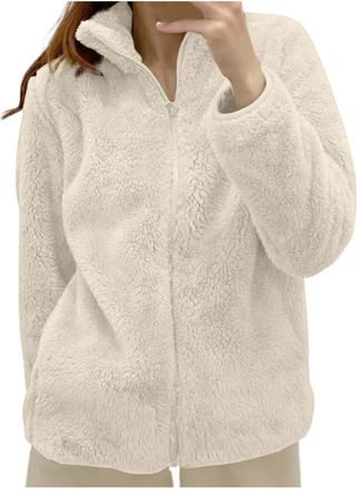 Generic Womens Fleece Jacket Ladies Lightweight Warm Full Zip Coat Fall Winter Soft Cozy Style Teddy Fleece Coats Solid Color Layering Tops Jacket for Leisure