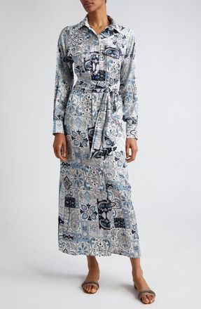 Eleventy Paisley Patchwork Print Long Sleeve Silk Shirtdress in Baby Blue at Nordstrom, Size 10 Us