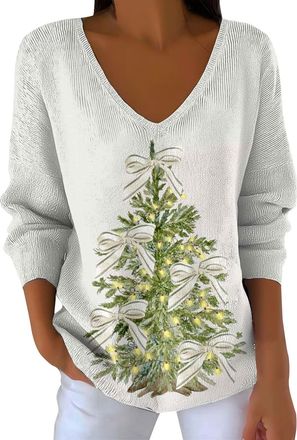 Generic Christmas Jumpers for Women Xmas Santa V Neck Knitted Jumpers Long Sleeve Christmas Shirts Oversized Pullover Holiday Sweaters Plus Size Festive Knitw