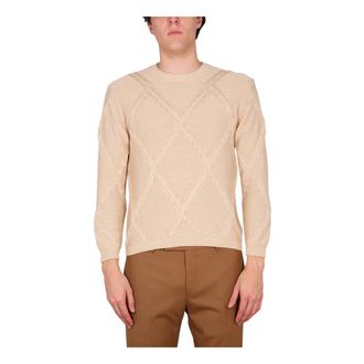 Ballantyne Katoenen Kabelsteek Trui met Ronde Hals - Heren - Ronde hals truien - Beige - M - Katoen - Truien & Vesten