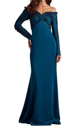 Tadashi Shoji Off the Shoulder Long Sleeve Mermaid Gown in Cerulean at Nordstrom, Size 12