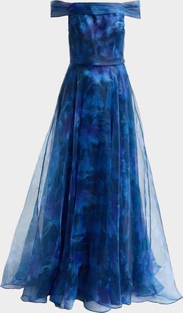 Rene Ruiz Floral Organza Off-The-Shoulder Gown