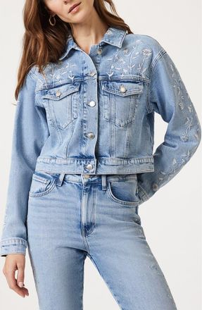 Mavi Harmony Floral Embroidered Crop Denim Jacket in Light Blue Bloom Denim at Nordstrom, Size X-Large