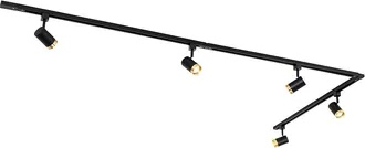 QAZQA Moderno Sistema De Riel Monof&aacute;sico Con 5 Focos Negros Con Anillo Dorado - Jeana Acero /aluminio Alargada Adecuado Para Led Max. 5 X 50 Watt - Qazqa