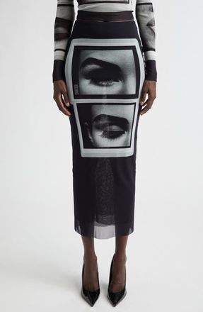 Jean Paul Gaultier Re-Edition Eyes & Lips Print Mesh Maxi Skirt in Black/Grey/White at Nordstrom, Size Medium