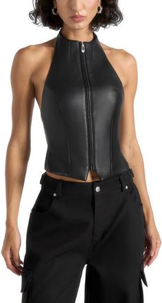 Mani&egrave;re De Voir Claudette Leather Halterneck Backless Top in Black at Nordstrom, Size 12