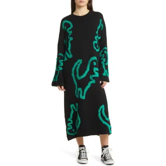 Dressed in Lala Rawr Means I Love You Long Sleeve Oversize Sweater Dress in Black at Nordstrom, Size Small