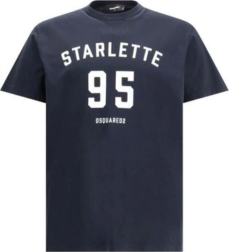 Dsquared2 Tops, Heren, Blauw, M, Katoen, Logo Print Katoenen T-Shirt