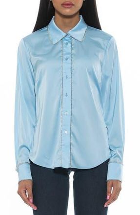 Alexia Admor Rachel Rhinestone Trim Satin Button-Up Blouse in Halogen Blue at Nordstrom Rack, Size 10