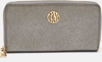 DKNY Dkny Metallic Grey Saffiano Leather Logo Zip Around Wallet