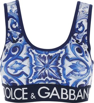 Dolce & Gabbana Multicolor Sleeveless Top With Logo Lettering On The Front And All-Over Maiolica Motif In Tech Fabric Stretch Woman