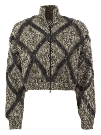 Brunello Cucinelli diamond-pattern cardigan - women - Wool/Nylon/Alpaca - S - Neutrals