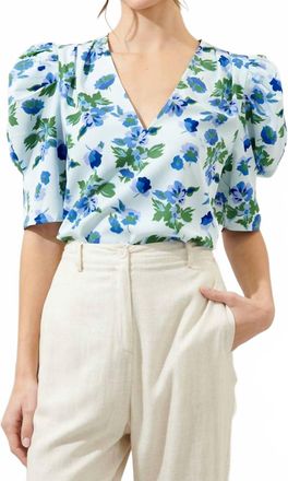 Sugarlips Magnolis Floral Puff Sleeve Blouse In Blue Green Floral