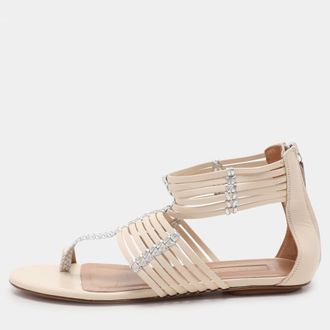 Aquazzura Beige/silver Leather Ravello Gladiator Toe-Ring Flat Sandals