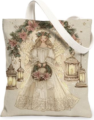 Generic Christmas Angel Canvas Tote Bags, Vintage Floral Lightweight Washable Grocery Bags, Holiday Elegant Shoulder Strap Canvas F, Beige, 13x15 Inch