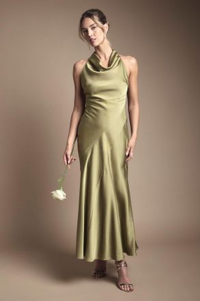 Oasis Womens Petite Cowl Halterneck Satin Maxi Bridesmaid Dress - Green - Size 18 UK