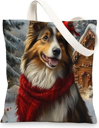 Generic Christmas Rough Collie Dog Canvas Tote Bag for Shopping 13x15, Winter Farmhouse Xmas Puppy Reusable Grocery Print Bag for Women Men, Holiday Pet Aesth