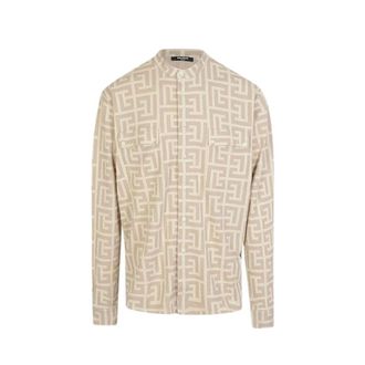 Balmain Casual Shirts, male, Beige, Size: L Thick Beige Shirt with Textured Fabric and Monogram Print