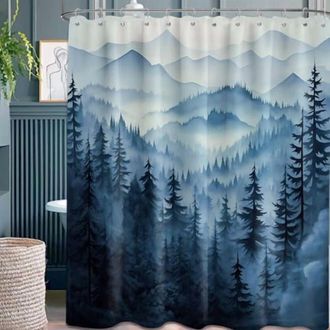 OEM Cortina De Ducha Azul Marino Con Estampado De Bosque, Estampado De Paisaje Monta&ntilde;oso Azul Oscuro, Decoraci&oacute;n Para Ba&ntilde;o De Hombre, Tela Impermeable Con