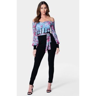 Bebe Womens Printed Mesh Off Shoulder Catsuit