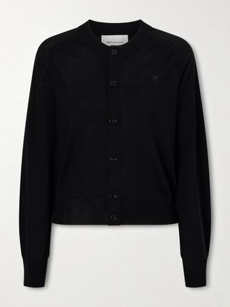 Ami Cardigan In Lana Con Logo Ricamato - Nero