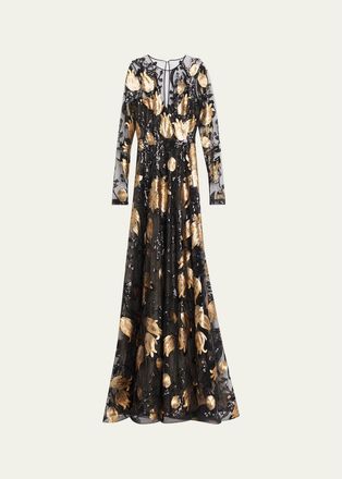 Naeem Khan Floral Sequined Long-Sleeve Illusion Gown