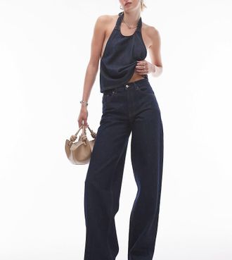 Topshop Tall Cinch low rise relaxed jeans in raw look indigo-Blue