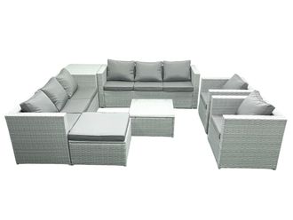 Fimous Outdoor Rattan Sofa Garden Furniture Set with 2 Armchairs Square Coffee Table Big Footstool Side Table Light Grey Mixed