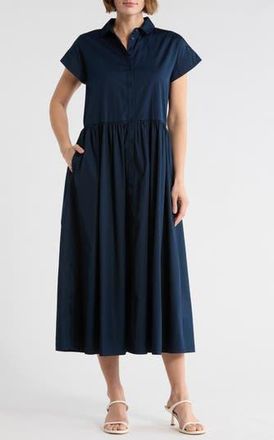 Nordstrom Drop Waist Button Front Cotton Midi Dress in Navy Sapphire at Nordstrom Rack, Size Xx-Small