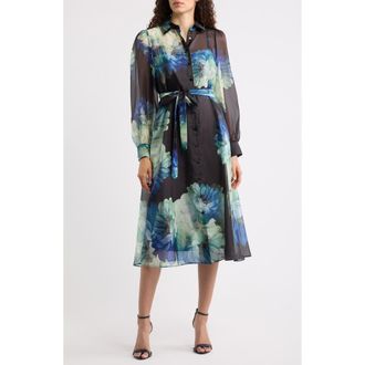 Elie Tahari The Romy Floral Long Sleeve Midi Shirtdress in Twilight Floral at Nordstrom, Size 10