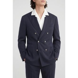 Brunello Cucinelli Dark Blue Silk Double Breasted Blazer, Brand Size 52 (US Size 42)