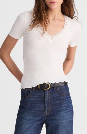 Madewell Lace Trim V-Neck Rib Top in Winter White at Nordstrom, Size Xx-Small