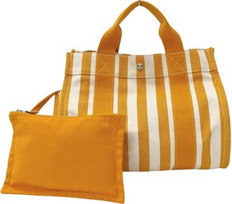 Herm&egrave;s Orange White Canvas Handbag Pouch Tote Bag (Pre-Owned)