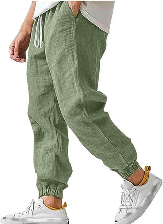 Generic Linen Trousers Mens Elasticated Waist Summer Trouser Loose Fit Drawstring Joggers Bottoms Plain Colour Lightweight Casual Pants Cuffed Jogging Trouser