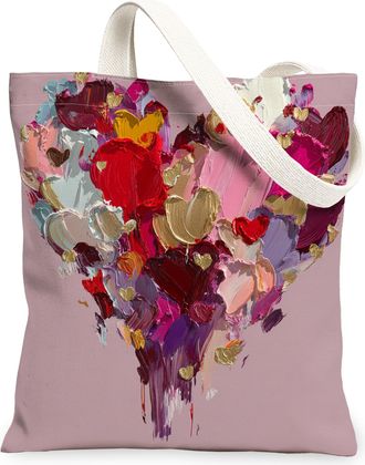 Generic Floral Heart Canvas Tote Bags, Artistic Heart Pattern Reusable Grocery Bags, Lightweight Washable Shoulder Strap Canvas for, Peach, 13x15 Inch