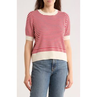 Adrianna Papell Stripe Short Sleeve Sweater in Cream/Red at Nordstrom Rack, Size X-Small
