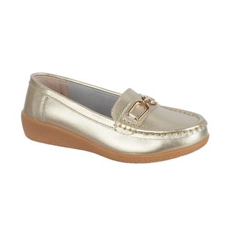 Jo & Joe Womens Leather Comfort Loafers with Gold Buckle - Cushioned Wedge Slip-On Smart Casual Shoes Sizes 4-8 (Gold, UK Footwear Size System, Adult, Women, N