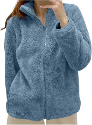 Generic Womens Fleece Jacket Ladies Lightweight Warm Full Zip Coat Fall Winter Soft Cozy Style Teddy Fleece Coats Solid Color Layering Tops Jacket for Leisure