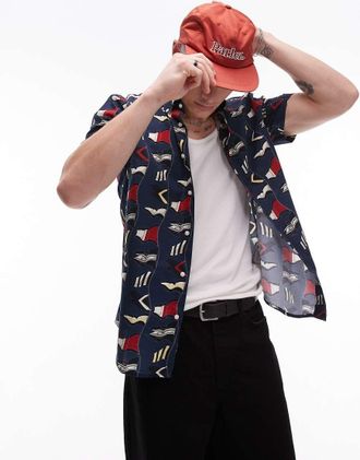 Tommy Hilfiger Camicia blu navy con stampa di bandiere