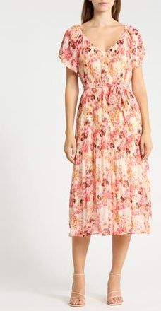 Ichi Floral Print Tie Waist Dress in Calypso Coral at Nordstrom Rack, Size 40