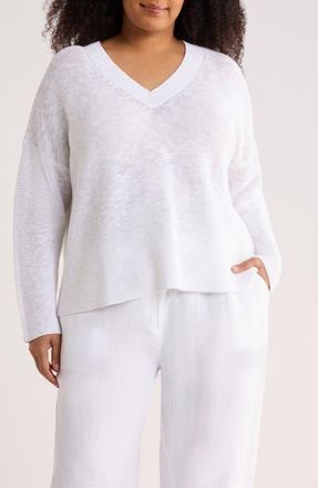 Eileen Fisher Organic Linen & Organic Cotton V-Neck Sweater in White at Nordstrom, Size 2 X