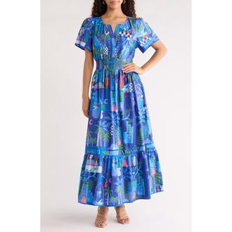 Sugarlips Punta Alta Ordy Smocked Midi Dress in Cobalt-Combo at Nordstrom, Size X-Small