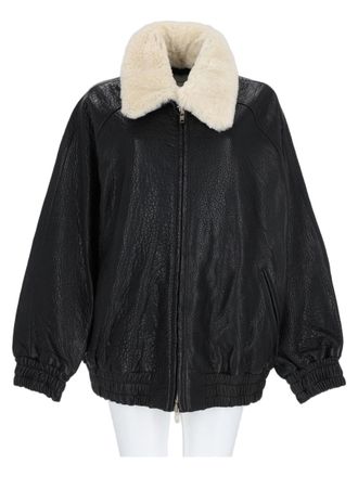 Stand Studio Black Shearling Collar Lambskin Leather Jacket