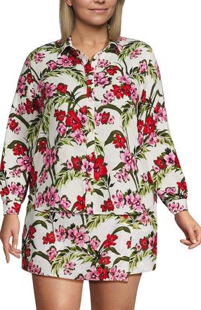 Lands End Plus Size Linen Long Sleeve Feminine Shirt in Ivory/pink Multi Floral Tropic at Nordstrom, Size 3X