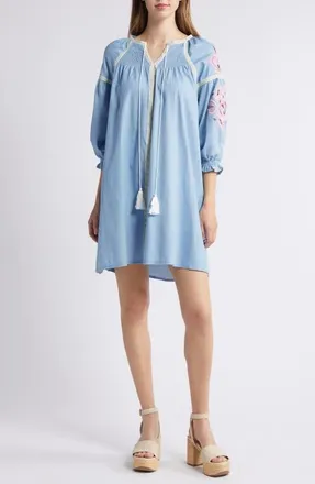Nikki Lund Rachael Split Neck Chambray Dress in Blue at Nordstrom, Size Medium