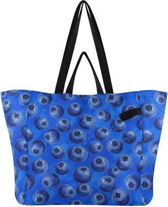 Generic Blueberries Berries Blue print Reusable Canvas Tote Bag, Heavy Duty Grocery Shopping Bag with Hard Bottom Double Handles Large Capacity Work Groceries