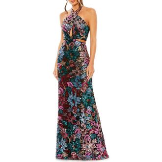 Mac Duggal Sequin Embellished Cross Neck Gown in Black Multi at Nordstrom, Size 6