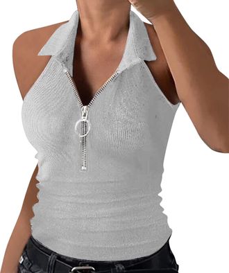 Generic Womens Halterneck Knitted Top - Halterneck Top Zip - Tank Top with V Neck Summer Festive Tank Top Sleeveless T-Shirt Tops Summer Fashion Sleeveless Sh